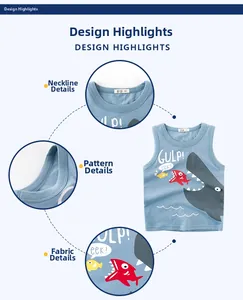 Détails du débardeur bleu en coton pour garçon avec motif requin et texture du col