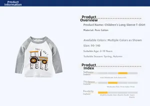 Detail of soft 100% cotton kids tractor t-shirt showing size range 90-140 and fabric specs