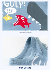 Détail d'un débardeur bleu en coton avec imprimé requin et coutures bordées renforcées