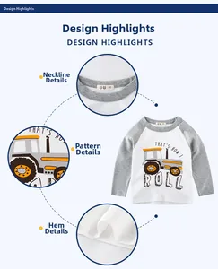 Detail of kids long sleeve shirt with tractor print and grey raglan sleeves