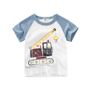 Boys Cotton Short Sleeve T-Shirt Cartoon Excavator Graphic Raglan Tee Round Neck Summer Casual Clothes Kids