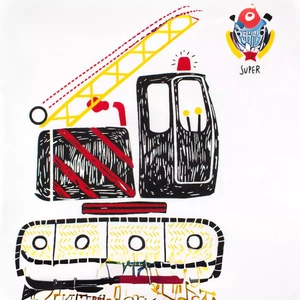 Kids white cotton T-shirt featuring a cartoon excavator print and SUPER badge design