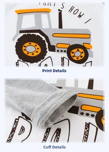 Detail of cartoon tractor print and gray ribbed cuffs on white cotton long sleeve boy tee