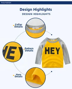 Detail of kids long sleeve T-shirt with yellow body, grey raglan sleeves and HEY print