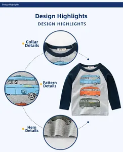 Détails du t-shirt manches raglan pour garçon avec motif de bus rétro et finitions