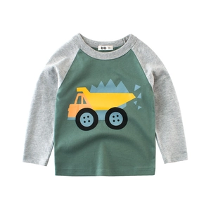 T-Shirt à Manches Longues en Coton pour Enfants Manches Raglan Imprimé Camion Cartoon Couleur Contrastée Col Rond Haut Décontracté Garçons Filles