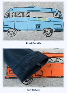 Détails de l'imprimé bus vintage et des poignets côtelés sur le t-shirt en coton enfant