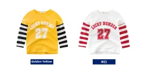 Detail of color-block kids long sleeve t-shirts with striped sleeves and varsity print
