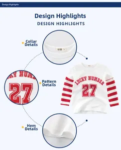 Close-up of kids striped long sleeve tee with lucky number 27 print and cotton texture