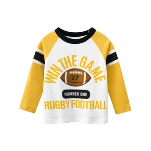 T-shirt raglan pour garçon avec imprimé rugby et manches rayées jaunes en blanc