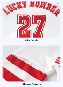 Detail of LUCKY NUMBER 27 print and red stripe sewing on white boys cotton t-shirt