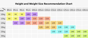 Kids long sleeve T-shirt size guide chart for heights 80-140cm and weights 10-30kg