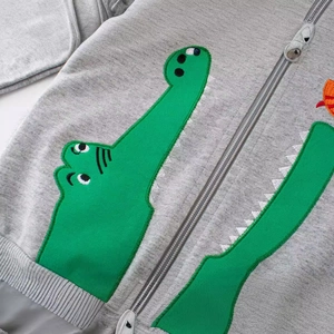 Felpa grigia per bambini con cappuccio, cerniera e ricamo a coccodrillo verde