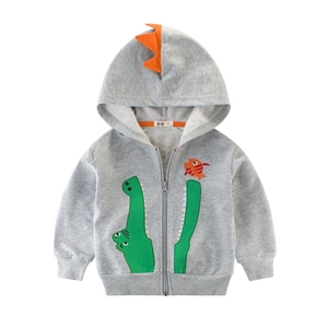 Felpa con cappuccio grigia da bambino con patch dinosauro verde e pinne arancioni