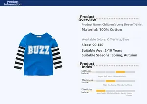 Detail of blue cotton long sleeve kids T-shirt with striped sleeves and BUZZ print
