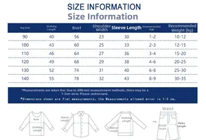 Detailed size chart for boys long sleeve T-shirt with measurements for ages 1 to 9 years