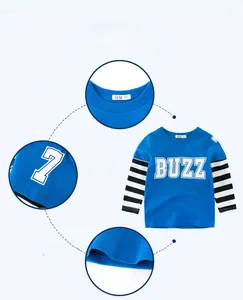 Detail of blue toddler t-shirt with striped sleeves, showcasing neckline and logo print
