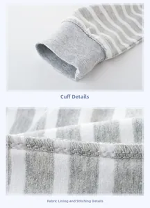 Macro detail of ribbed cuffs and reinforced stitching on gray striped cotton t-shirt