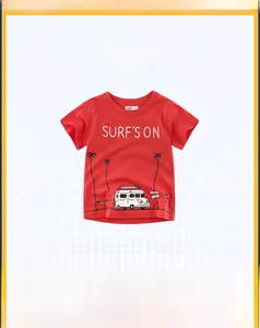Detail of red cotton kids T-shirt with Surf's On print and beach graphic
