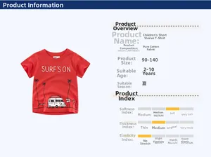 Detailed chart for red 100% cotton kids t-shirt with surfing bus graphic and size specs