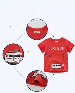 Detail view of red kids cotton T-shirt with surf bus print and high-quality neckline