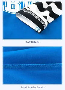 Detail view of striped cuffs and high-quality internal stitching on blue cotton top