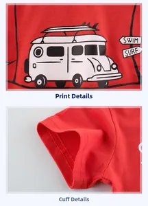 Detail of red cotton T-shirt featuring a surf van print and neat sleeve stitching