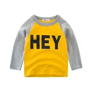 Kids long sleeve raglan T-shirt in yellow and grey with HEY print on white background