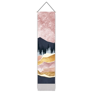 Abstract mountain landscape tapestry with pink sky and forest silhouette for wall decor