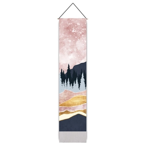 Detail of abstract landscape tapestry with mountain silhouette and elegant grey tassels