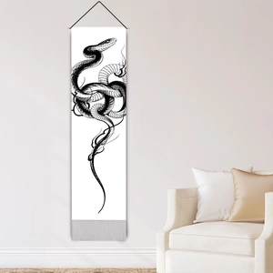 Minimalist black and white snake print wall scroll with tassels for home decor