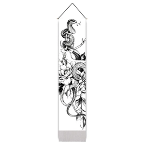 Vertical wall scroll detail featuring a snake coiled on antlers with floral line art