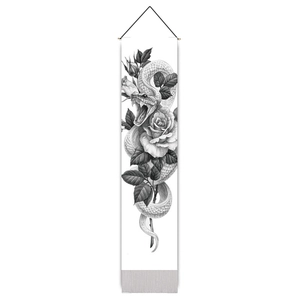 Vertical wall hanging scroll with black and white snake and rose floral artistic print