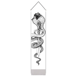 Detail of snake and dagger print on a scroll canvas with wooden rod and black tassel