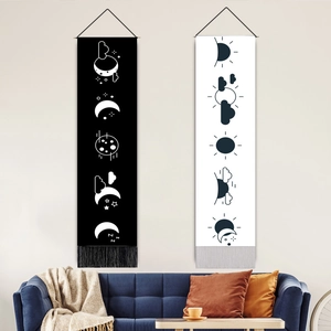 Long Vertical Tapestry Wall Hanging Celestial Sun Moon Phases Polyester Cotton With Wood Pole And Tassels Boho Decor