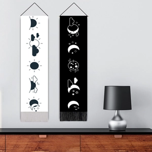 Minimalist black and white moon phase hanging tapestries with decorative fringe tassels