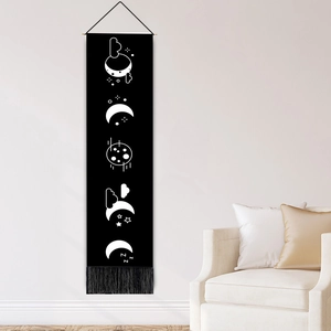 Vertical moon phase wall tapestry with black tassels and starry night sky print