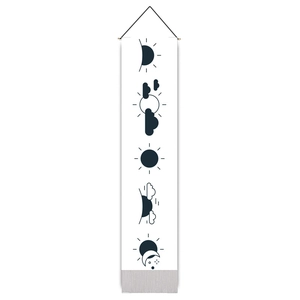 Vertical minimalist moon phase tapestry with black hanging cord and weather icons decor