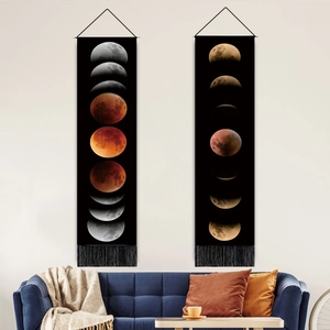 Moon Phase Lunar Eclipse Hanging Tapestry Cotton Polyester Wall Art With Wood Rod And Tassels For Living Room Bedroom Decor