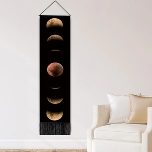 Minimalist moon phase wall tapestry with black tassels for bedroom decor