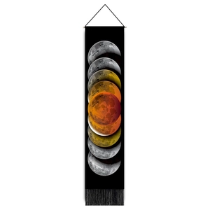 Vertical solar eclipse moon phase tapestry with black fringe and wooden hanging rod