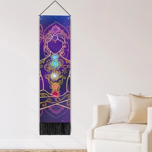 Vertical wall tapestry with golden chakra meditation figure and starry night background