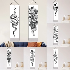 Black White Snake Wall Hanging Tapestry Vertical Cotton Linen Scroll Art With Wood Rod And Tassels Mystic Occult Home Decor