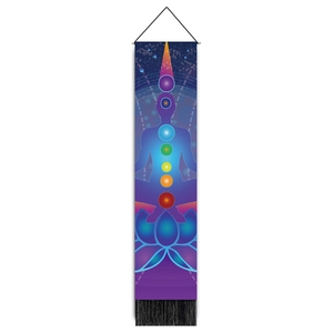 Vertical seven chakra meditation tapestry with purple silhouette and black tassels