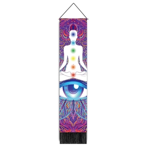 Close-up of meditation tapestry showing seven chakras and artistic black tassels
