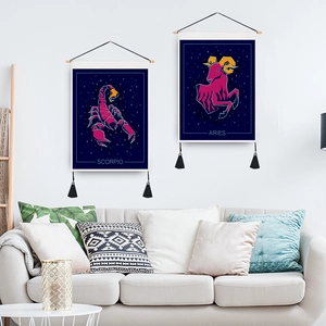 Deep blue Scorpio and Aries constellation wall tapestries with wooden poles and tassels