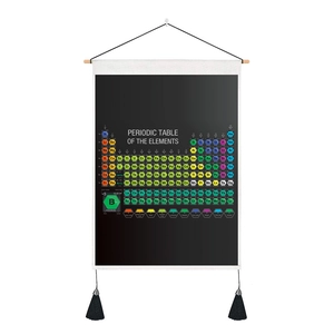 Detailed view of periodic table wall tapestry with black background and wooden hanging bar