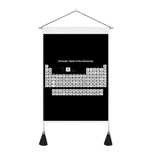 Detail of canvas periodic table scroll with wooden hanging bars and black tassels