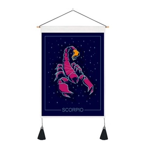 Scorpio constellation tapestry with navy starry sky and wooden hanging rod with tassels