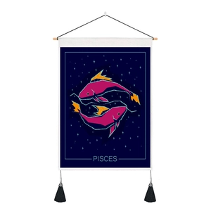Detail of Pisces zodiac tapestry with wooden hanging rod and black bottom tassels